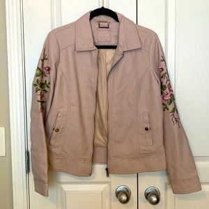 Cute light pink vegan leather jacket with floral embroidery